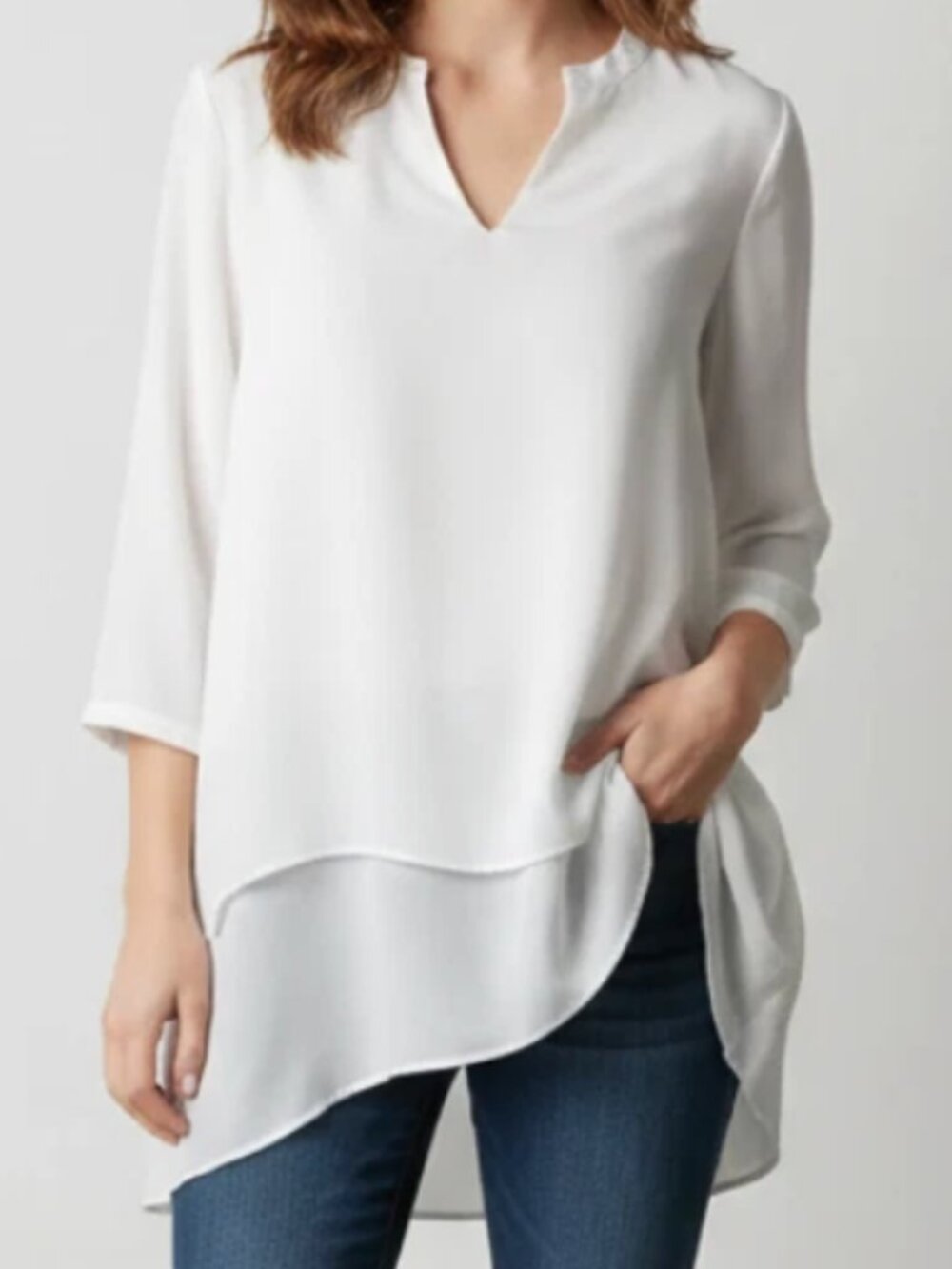 JNY Jones New York Women's Tunic Split Neck Overlay Hem White Chiffon Size 1XL